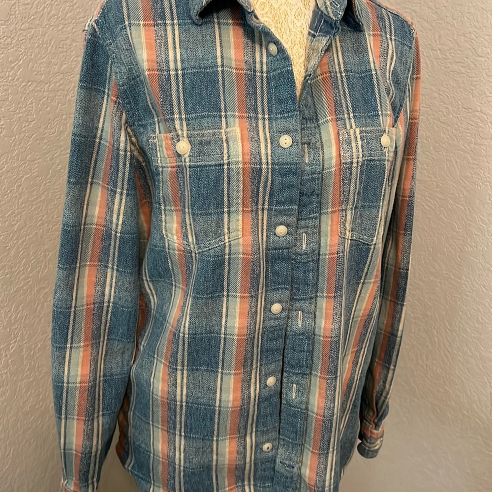 Gap M Vintage Flannel Shirt, blue, white, & orange plaid, 2 front button pockets
